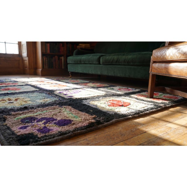1930s Black Roses Birds Folk Art Antique American Hooked Rug 7' 10'' X 7' 10'' Woven Wool Carpet For Sale - Image 11 of 12