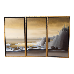 Vintage Original Inge Saastad Triptych Paintings 1970s Signed Coastal Seascape - Three Pieces