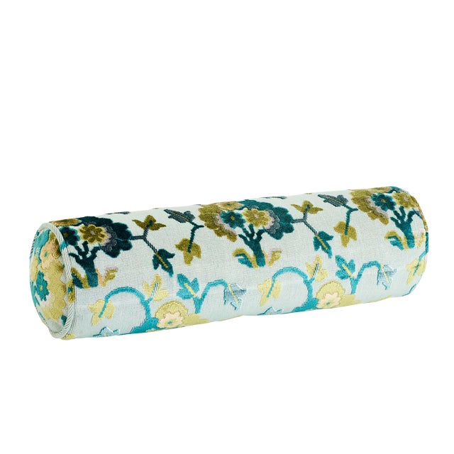 Schumacher Jennie Velvet Bolster Pillow in Peacock & Celadon For Sale