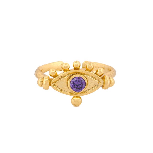 Mystic Amethyst Evil Eye Gold Adjustable Band Ring, Size 8 For Sale In Miami - Image 6 of 6