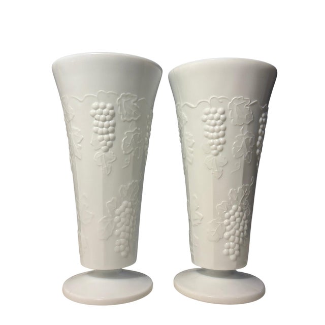 This is a set of three vintage Indiana Glass Colony Harvest Grape Milk Glass Vases, with one tall and two shorter vases.....