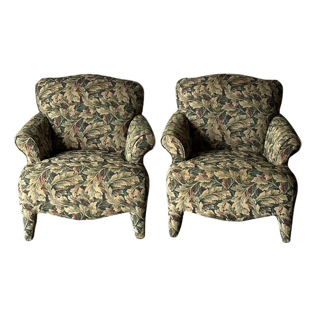 1990s Postmodern Vintage Sage Tapestry Club Lounge Chairs, Angelo Donghia, Pair For Sale