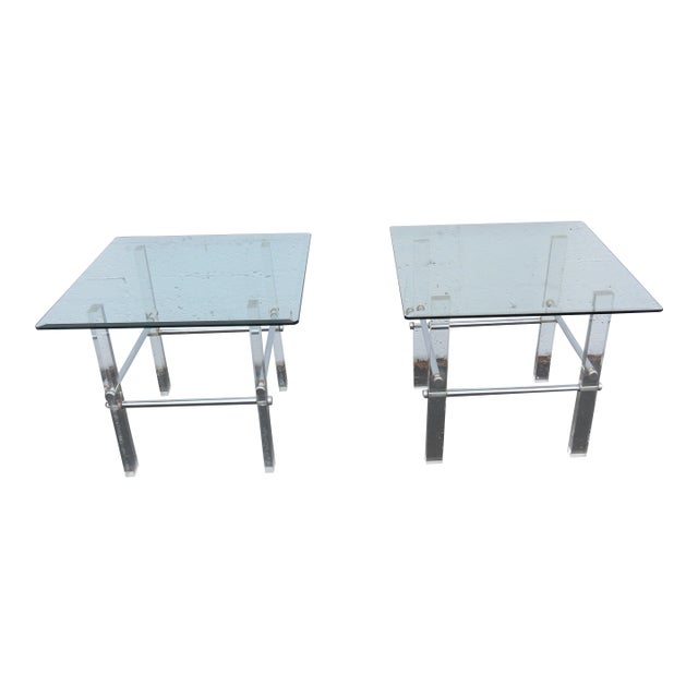 Hollywood Regency Lucite Acrylic Glass Top Pair of Side Tables 6592 For Sale