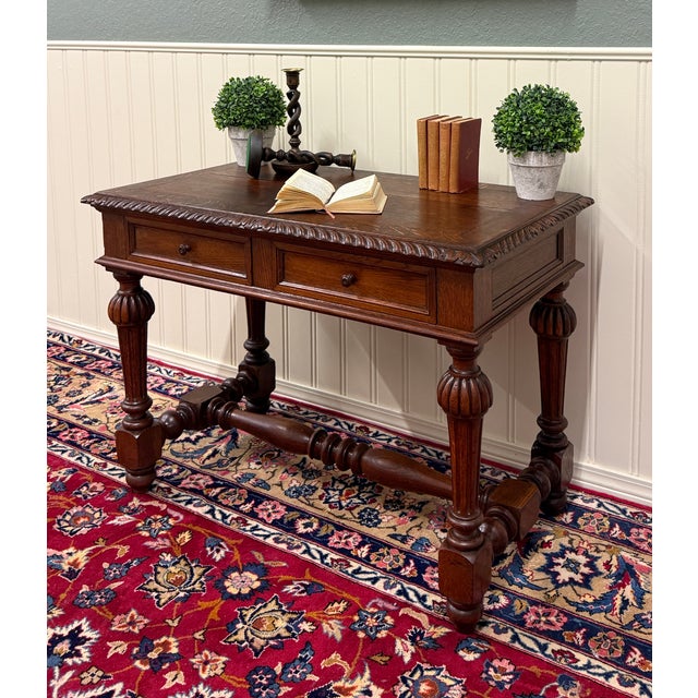 Wood Antique French Henri II Style Writing Desk Table Drawers Oak C. 1930s For Sale - Image 7 of 18