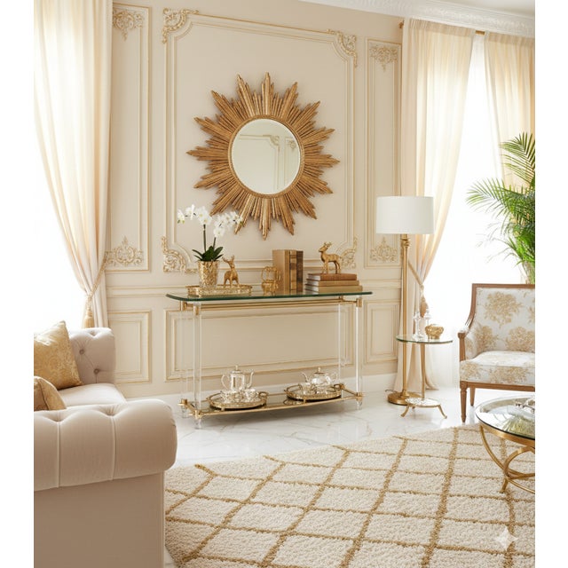 Console Table in Acrylic and Glass with Gold Metal, 1980s, in Good conditions. Designed 1980 to 1989