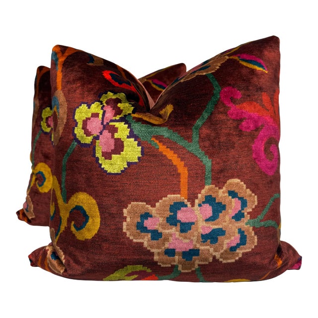 Etro "Nimphea Floral Velvet" in Ruggine 22" Pillows-a Pair For Sale
