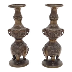 Pair of Meiji Bronze Candlesticks, Japan Circa 1880
