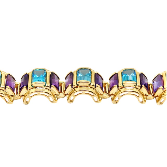 Metal Vintage 14k Gold Scalloped Blue Topaz and Amethyst Bracelet For Sale - Image 7 of 10