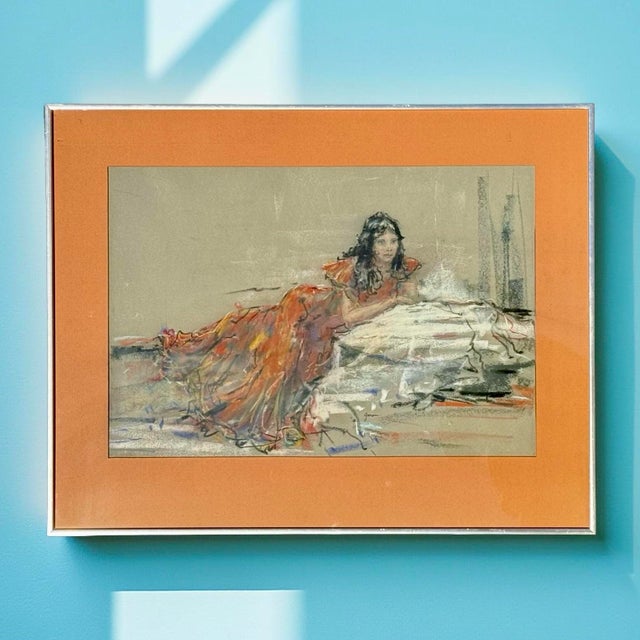 This original pastel drawing by American artist Len Garon features a reclining female figure rendered in warm orange and...