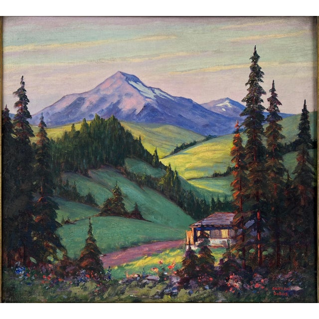 " Sunlit Mountains" Majestic Mount Jefferson And Mount Hood Oregon 1930s A well executed oil on linen of two mountain...
