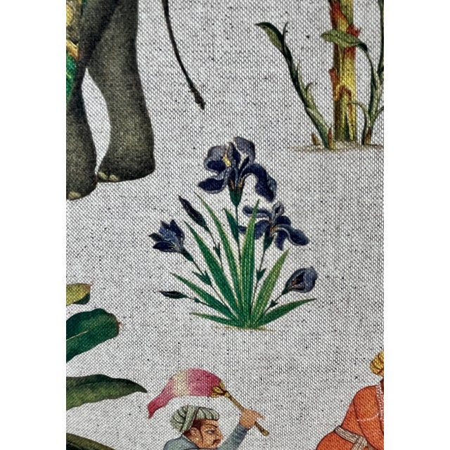 Cream 20" Square Decorative Throw Pillow Adorned With an Exotic Scene of Men Riding Majestic Elephants Among Palm Trees & Flowers - Made in the U K For Sale - Image 8 of 12