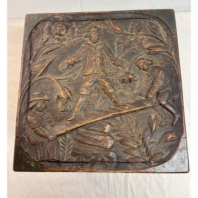 Wood Antique 19th Century Victorian Hand Carved Wood Brass Folk Art Sculptural Box For Sale - Image 7 of 18