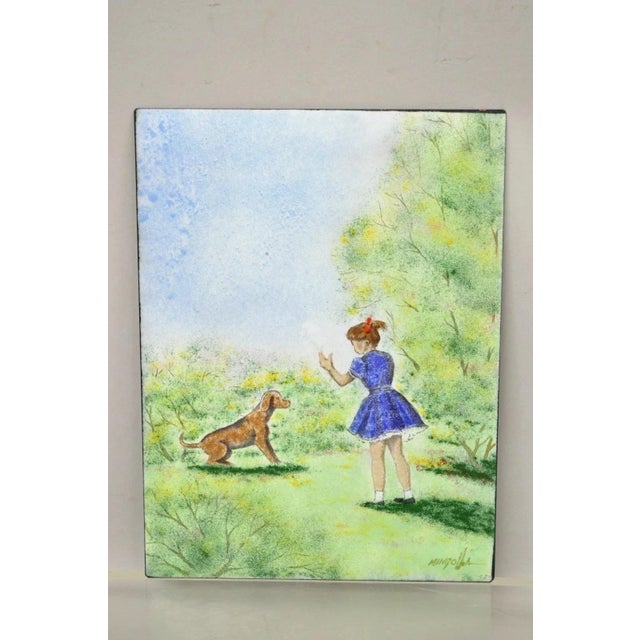 Metal Late 20th Century Dom Dominic Mingolla Enamel on Copper Painting Girl With Dog in Field For Sale - Image 7 of 8