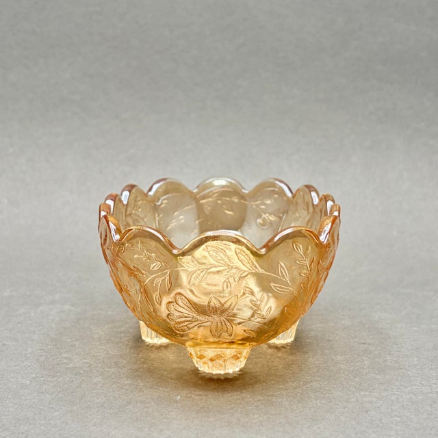 Jeannette Glass Vintage Jeannette Glass “Floragold Louisa” Marigold Carnival Glass Footed Candy Dish For Sale - Image 4 of 8