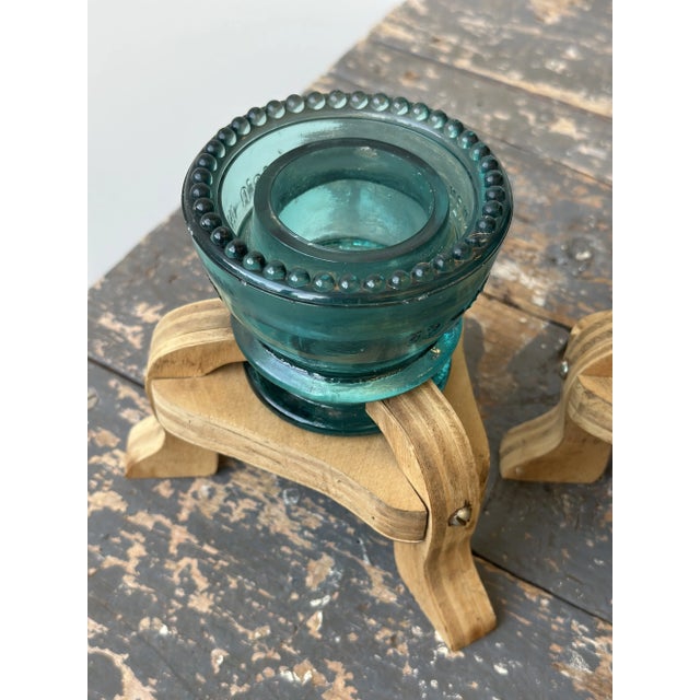 Vintage Make-Do Hemingray Glass Insulator Candleholders With Laminated Wood Bases, a Pair, Circa Mid 20th Century For Sale - Image 13 of 18