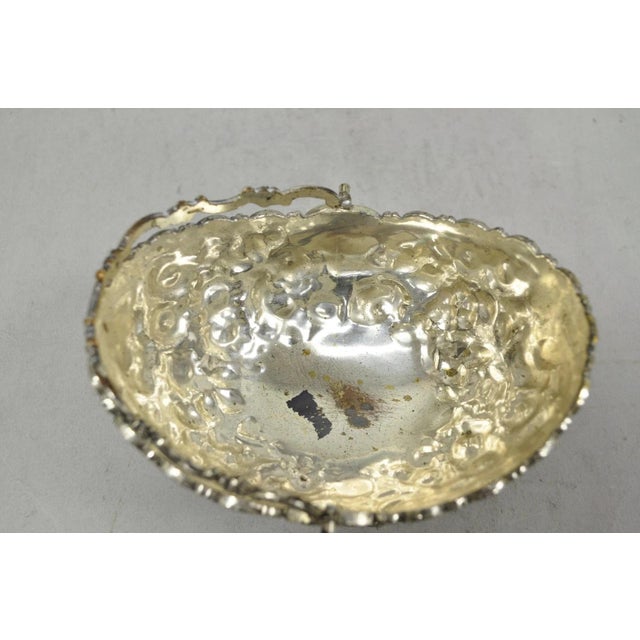 Antique Victorian Japanese Silver Plated Rose Flower Repousse Nut Bowl Dish For Sale - Image 10 of 16