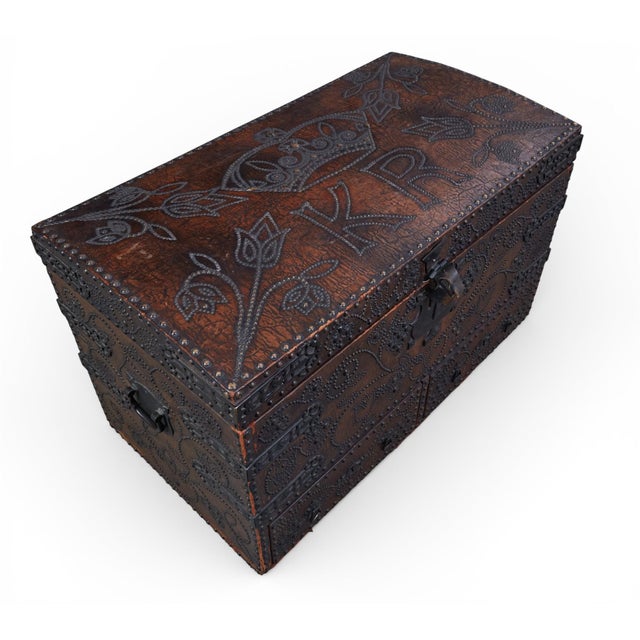 Brown Charles II Wrought-Iron Mounted Brass-Studded Leather Coffer Trunk With Drawers For Sale - Image 8 of 12