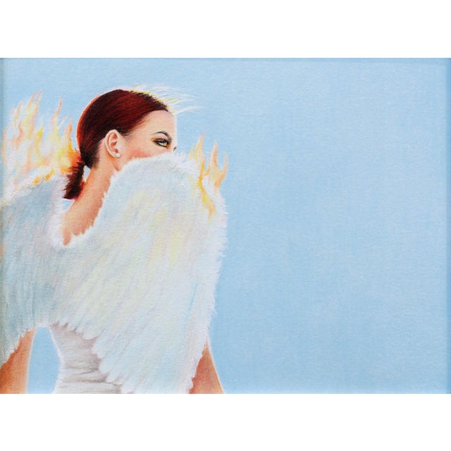 This artwork features a figure with ethereal wings, partially obscured, set against a soft blue background. The delicate...
