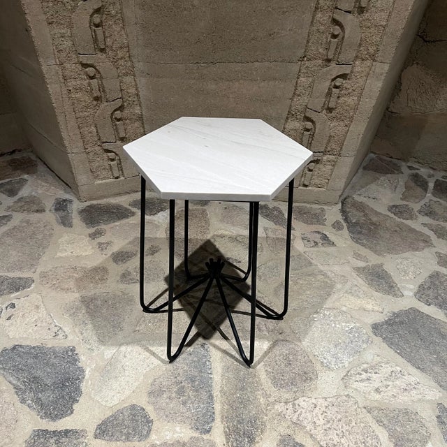 AMBIANIC presents Sculptural Hexagonal Side Accent Table French style of Jean Royere Stone on Black Iron 24.75 h x 19.5...