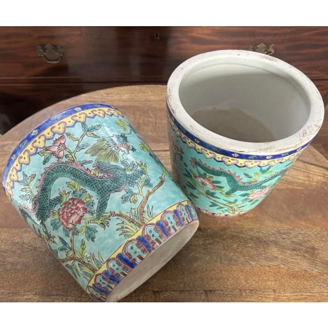 Early to Mid Twentieth Century Famille Famille Rose Turquoise Ground Heavily-Enameled 8” Cachepots With Dragon Motif, a Pair For Sale - Image 4 of 9