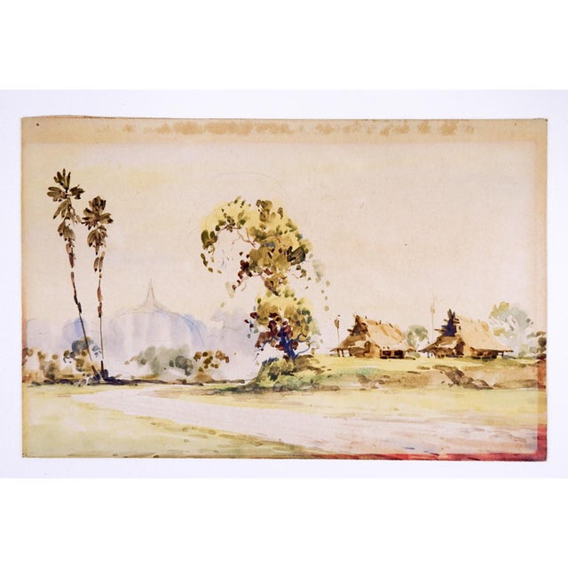 Traditional Small Early 20th Century Asian Village Watercolor Painting For Sale - Image 3 of 3