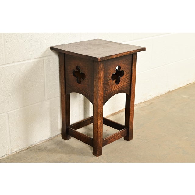 Charles Limbert Stickley Brothers Style Antique Mission Oak Arts & Crafts Cutout Tabouret Side Table, Circa 1905 For Sale - Image 4 of 10