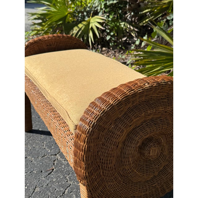 Vintage Wicker Bench | Coastal Rattan Barrel-Back Settee With Cushion For Sale - Image 10 of 10