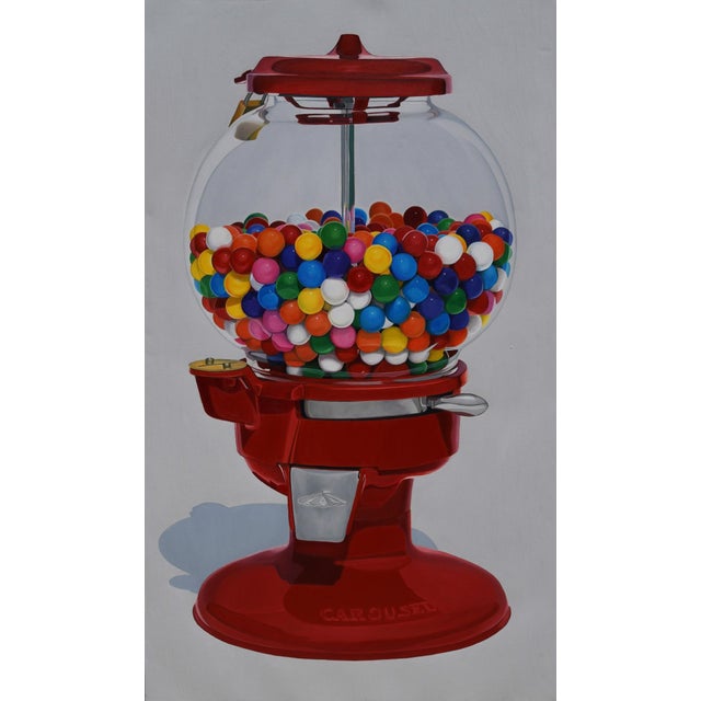 Gumball Machine by Suzy Smith | Oil Painting of a red gumball machine filled with colorful gumballs For Sale