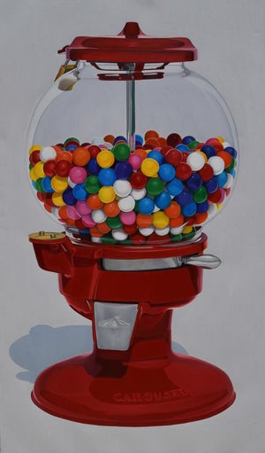 Gumball Machine by Suzy Smith | Oil Painting of a red gumball machine filled with colorful gumballs