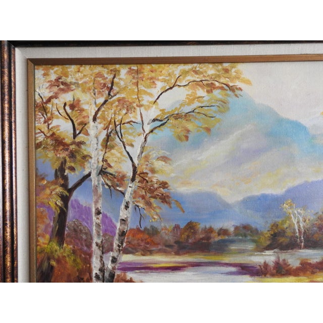 Late 20th-Century Idealization Landscape Autumn Birch River & Mountain Oil Painting – Signed Ayj For Sale - Image 4 of 9