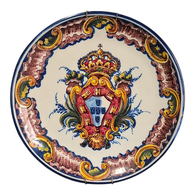 Vintage Faience F. Sant 'Anna Portugal Majolica Coat of Arms Wall Hanging Platter For Sale - Image 13 of 13