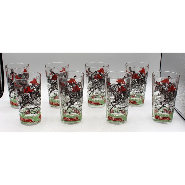 Set of 8 vintage "Tally Ho" fox hunting highball glasses by Hazel-Atlas, USA, circa 1950s. Ideal for double mint juleps &...