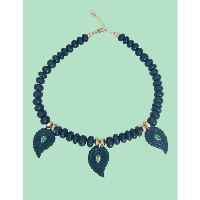 Black Onyx and Tsavorite Paisley Necklace, 14k Gold For Sale - Image 4 of 8