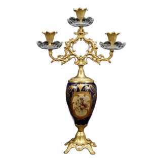 1960s French Rococo Candelabra Ornate Brass & Crystal Candle Holder 19"H For Sale
