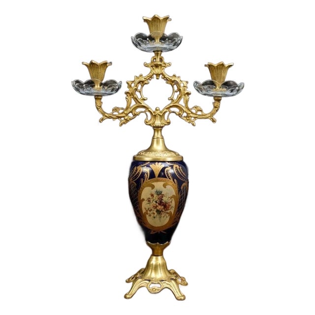 1960s French Rococo Candelabra Ornate Brass & Crystal Candle Holder 19"H For Sale