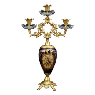 Early 19th Century French Rococo Candelabra Ornate Brass & Crystal Candle Holder 19"H For Sale