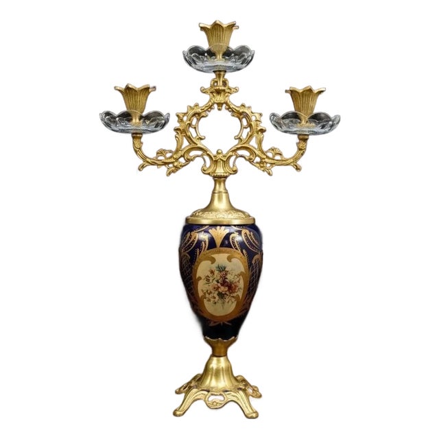 Early 19th Century French Rococo Candelabra Ornate Brass & Crystal Candle Holder 19"H For Sale