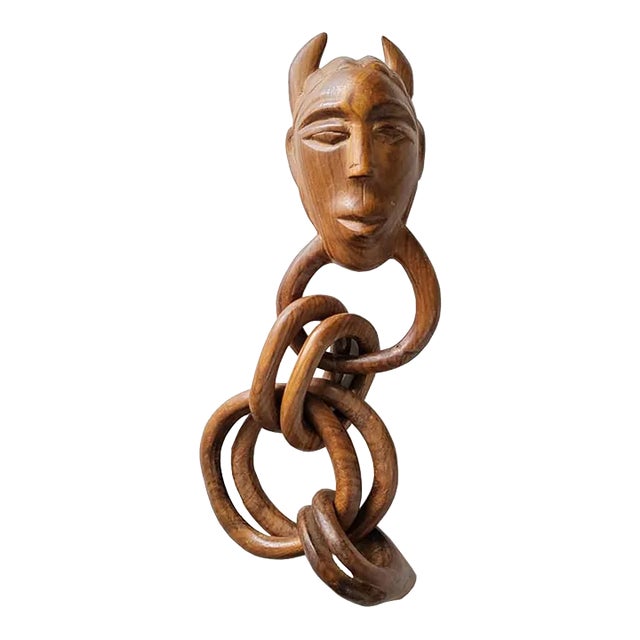 1960s Hand Carved Teak Wood Tribal Figurine With Wood Chain For Sale