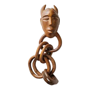 1960s Hand Carved Teak Wood Tribal Figurine With Wood Chain