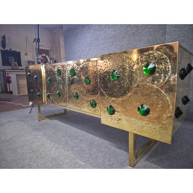 Black Italian Brass and Black Glass Sideboard with 24 Green Murano Glass Jewels from Justfurnituress SRL For Sale - Image 8 of 11