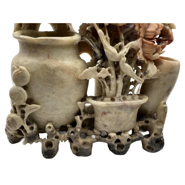 Vintage Soapstone Carvied Triple Vase Birds and Flowers For Sale - Image 9 of 15