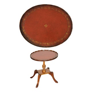 Vintage Yew Wood Burgundy Leather Top Side Table with Pie Crust For Sale