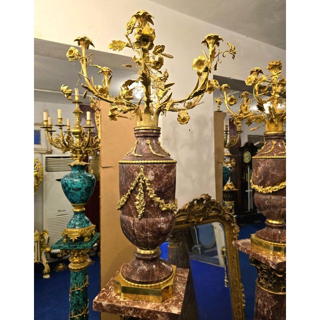 Louis XVI-Style Porcelain Pedestal Centerpiece Set of 2 With Floral Gold Leaf Details & Gilded Bronze Accents For Sale - Image 11 of 11