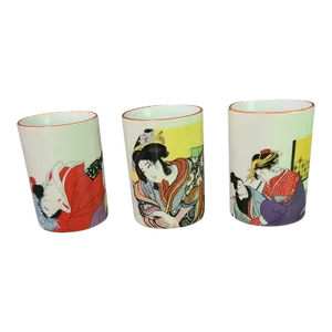 Late 20th Century Asian Hand Painted Porcelain Figural Japanese Mikado Geisha Cups- Set of 3