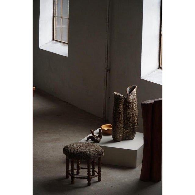 1950s Mid-Century Modern Hexagon Oak Stool with Lambswool Seat and Bobbin Legs, 1950s For Sale - Image 5 of 13