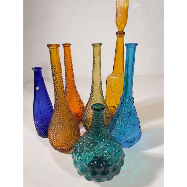 A Symphony of Saturated Light attributed to Empoli Genie Bottles, 1960s, Set of 7 For Sale - Image 3 of 13