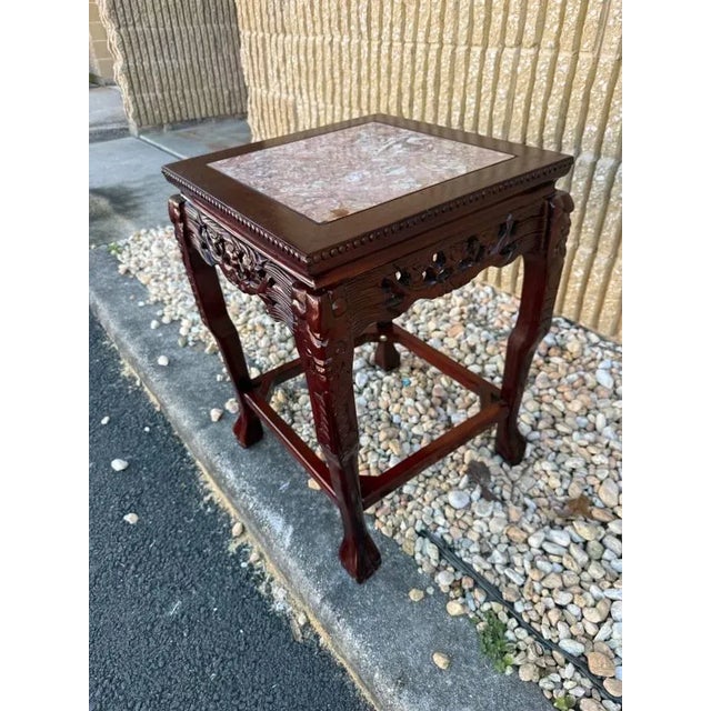 Pair of Chinoiserie Hardwood Marble Inseted Side Tables For Sale - Image 17 of 18
