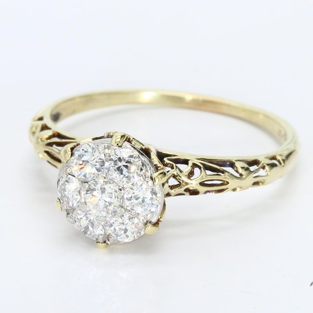 Antique 14k Yellow Gold Filigree Ring & Diamond Cluster Center - Size 7.25 For Sale - Image 4 of 6