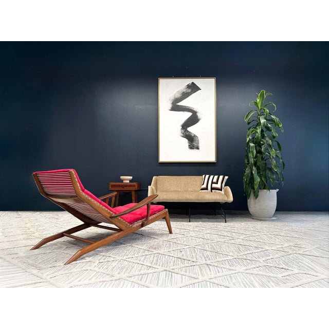 Red Brazilian Modern Chaise Lounge in Caviúna Wood & Fabric by Pierre Weckx, Brazil, 1950s — Lot 573A For Sale - Image 8 of 17