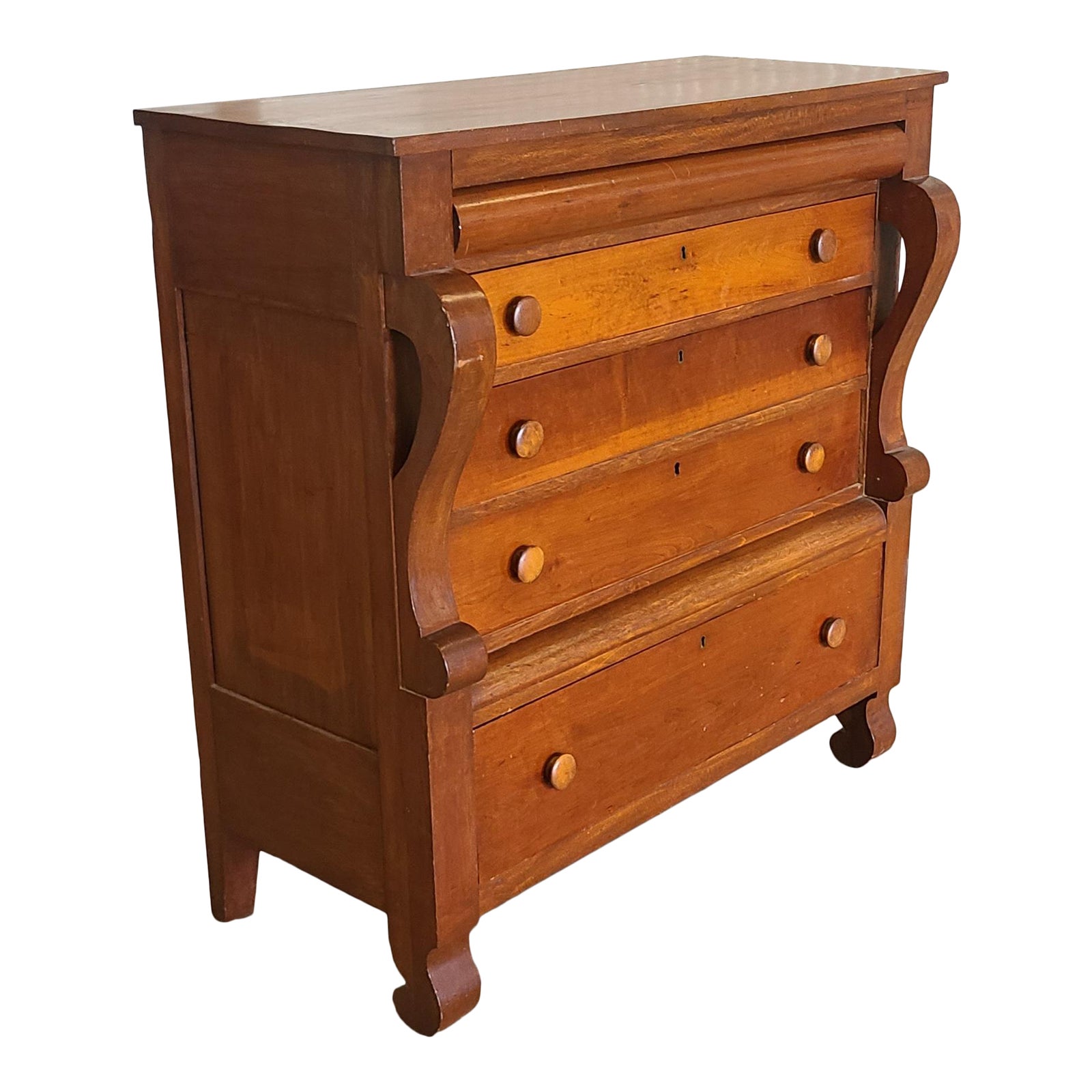 Antique American Empire Period Cherry Scroll Front Chest of Drawers